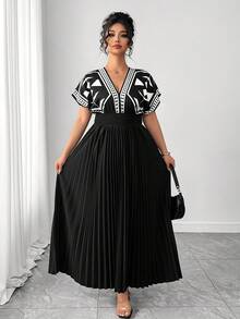 Elenzga Đầm nữ thanh lịch ôm dáng, thiết kế thắt eo, xếp ly co giãn, họa tiết hoa đen, đầm hè chất lượng cao. - màu đen - Xem 6