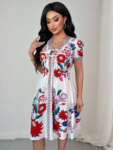 Vavine Women's V-Neck Tie Design Floral Print Casual Vacation Mini Dress, Spring/Summer - Multicolor - View 3