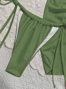 Swim Mod Bộ 3 món gồm áo bikini tam giác buộc dây cổ và váy ngắn màu trơn dành cho nữ, thích hợp mặc mùa hè. - màu xanh lá - Xem 5