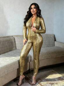 Eryvara Bộ jumpsuit nữ màu đen bóng bẩy giả da cá sấu, khóa kéo phía trước, tay dài, thích hợp cho tiệc tùng, hẹn hò, thiết kế mới, mùa xuân/hè/thu, trang phục gợi cảm cho nữ dự tiệc/club đêm/đường phố/hẹn hò/Halloween/Ngày Valentine, hàng mới về, trang phục dự concert, sinh nhật, câu lạc bộ, ôm sát cơ thể, thiết kế độc đáo, jumpsuit dài có quần legging. - Vàng - Xem 7