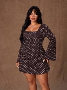 Rustia 大码女式新款黑色波点印花喇叭袖修身迷你连衣裙，配腰带和露背设计，浪漫连衣裙，派对装扮，优雅，黑色优雅，时尚秋冬，哥特风格 - 棕色 - 查看 6