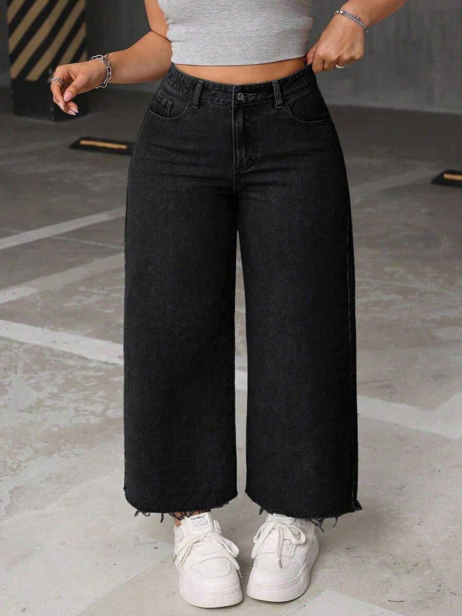 SHEIN CURVE+ Damen Jeans in Große Größen, lässig, nicht dehnbar, schwarz - Schwarz - Übersicht 1