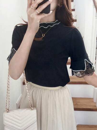 FRIFUL Women's Contrast Color Patchwork Sheer Lace Short Sleeve Loose Casual Versatile T-Shirt, Spring/Summer