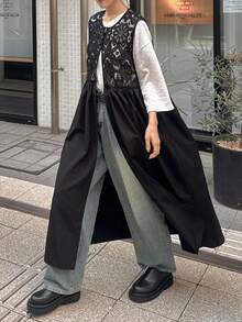 FRIFUL Women's Solid Color Layered Sheer Lace Patchwork Loose Casual Robe, Versatile Spring Outfit Sundress - Black - View 5