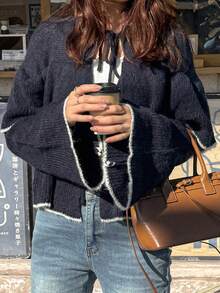 FRIFUL 女士撞色系带荷叶边宽松休闲百搭春季开衫 - 寶藍色 - 查看 6