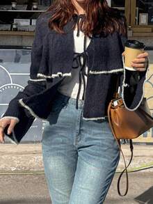 FRIFUL 女士撞色系带荷叶边宽松休闲百搭春季开衫 - 寶藍色 - 查看 8