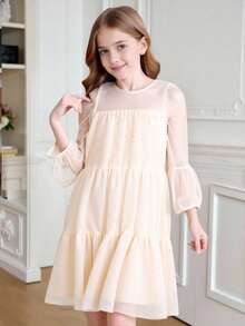 Robe décontractée de style princesse à manches longues pour préadolescentes, avec décoration de perles rondes, de paillettes et de maille, de couleur rouge - Nude - Voir 1