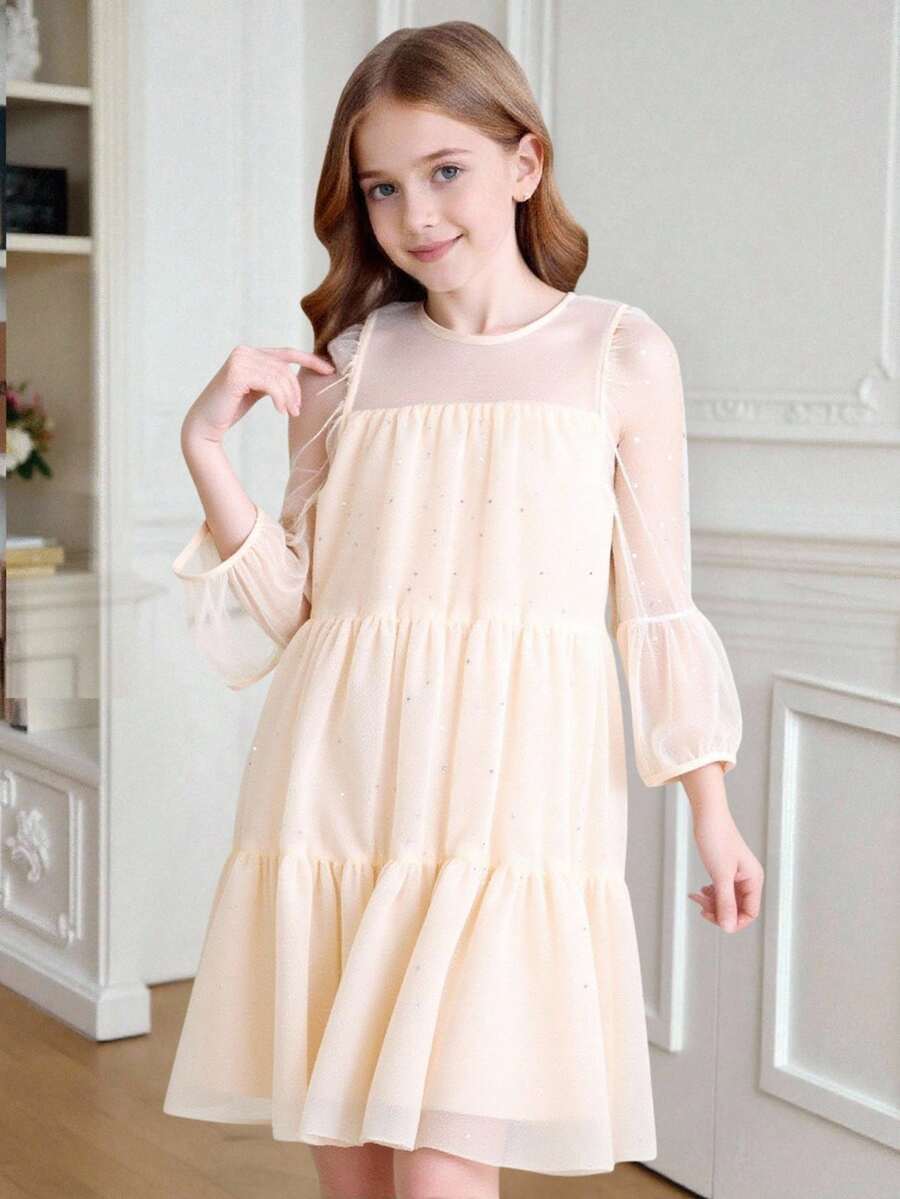 Robe décontractée de style princesse à manches longues pour préadolescentes, avec décoration de perles rondes, de paillettes et de maille, de couleur rouge - Nude - Voir 1
