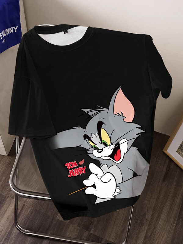 TOM & JERRY X SHEIN Plus Size Men's Casual Cartoon Cat Print Round Neck Short Sleeve T-Shirt, Summer