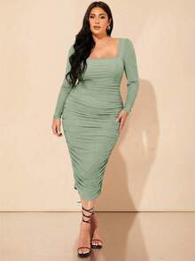 SHEIN BAE Vestido largo elegante y cómodo de talla grande con mangas de cordero negro, cuello cuadrado y detalles de malla para el otoño - verde menta - Ver 5