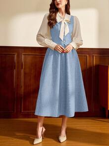 Vintamour 复古经典优雅学院风女式两件套，秋冬缎带领长袖两件套，咖啡色两件套 - 淺藍色 - 查看 3