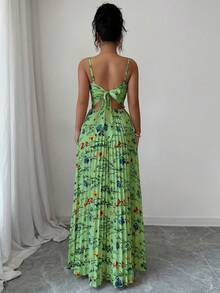 Elenzga Elegant Floral Print Pleated Tie-Front Backless Dress, Summer - Green - View 2