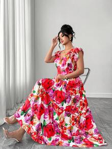 Elenzga 大码女士优雅褶皱短袖收腰长款飘逸印花连衣裙，适合海滩度假 - 彩色 - 查看 7