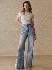 Anewsta 女士优雅花卉刺绣蕾丝拼接浪漫派对度假蓝色喇叭牛仔裤，春夏款 - 藍色 - 查看 7