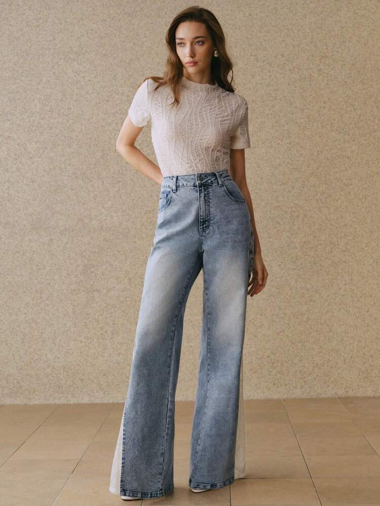 Women's Elegant Floral Embroidery & Lace Patchwork Romantic Party Vacation Blue Flared Jeans, Spring/Summer Lace Insert Jeans Wide Leg Jeans Woman Denim Jeans Woman Embroidered Jeans