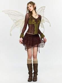 ROMWE Fairycore 仙女风蕾丝拼接荷叶边长袖修身女式上衣 - 棕色 - 查看 1