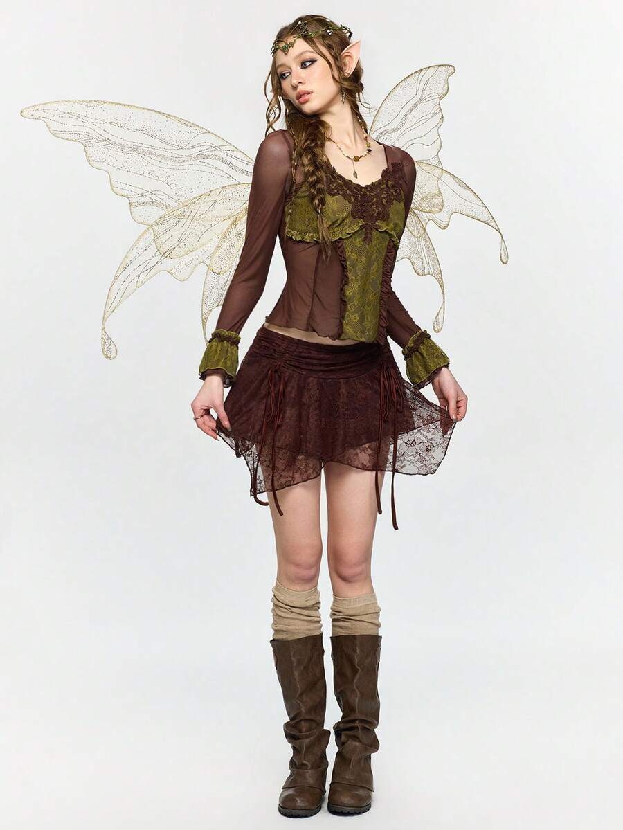 ROMWE Fairycore 仙女风蕾丝拼接荷叶边长袖修身女式上衣 - 棕色 - 查看 1