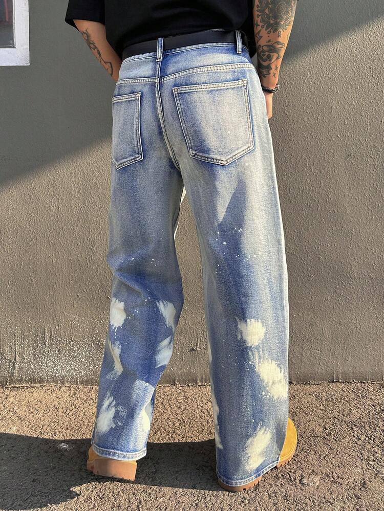 Spring Distressed White Splatter Design Streetwear Men's Jeans