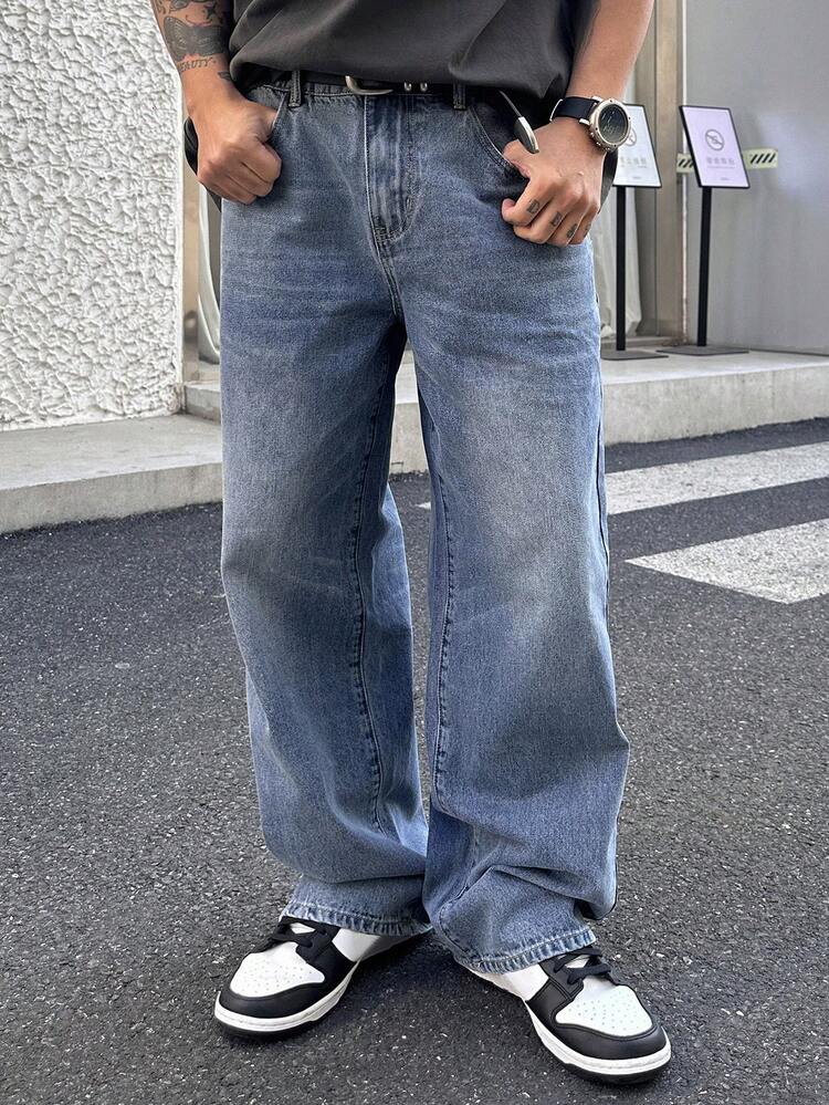 Men's Solid Blue Washed Vintage Style Jeans, Spring