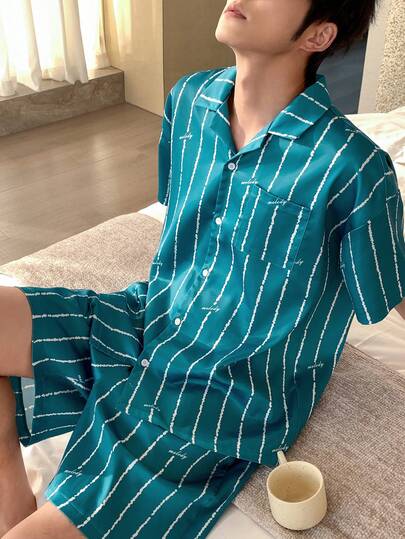 DAZY Bộ đồ ngủ nam màu xanh sọc tay ngắn và quần short, thích hợp cho mùa hè.