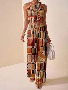 Zivah 春夏新款生日派对返校学生日常街头百搭休闲度假单肩扭结印花上衣搭配直筒宽松裤，荷叶边设计，带真口袋夏季女式两件套印花套装女式两件套夏季嘉年华服装 - 彩色 - 查看 3