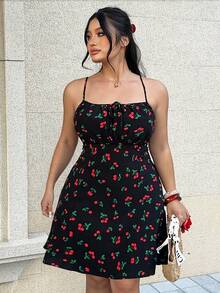 SHEIN EZwear Vestito casual a canotta con stampa di ciliegie e laccio frontale, taglie comode per donna - nero - Visualizzare 4