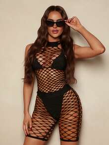 Swim SXY 女士性感针织吊带无袖网纱镂空连体衣，时尚露背休闲沙滩裙，女士罩衫 - 黑色 - 查看 4