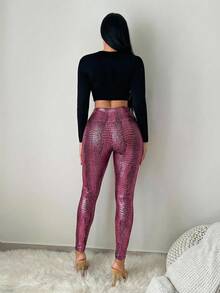 SHEIN SXY 女士鳄鱼纹高腰休闲百搭日常打底裤 - 粉色 - 查看 9