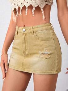 Minifalda de mezclilla lavada y rasgada de verano casual para mujer - Caqui 2 - Ver 3