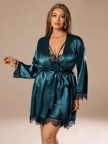 SHEIN Privé 大码仿丝蕾丝拼接吊带性感吊带裙套装，含浴袍，秋冬服装 - 墨綠色 - 查看 4