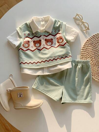 SHEIN 3pcs/Set Baby Boy Summer Casual Cute Cartoon Pattern Vest, Shorts, Short Sleeve Shirt Outfit Set, Suitable For Birthday Party, Rave, Evening Party, Performance, Wedding, Baby Shower, 1st Birthday Celebration