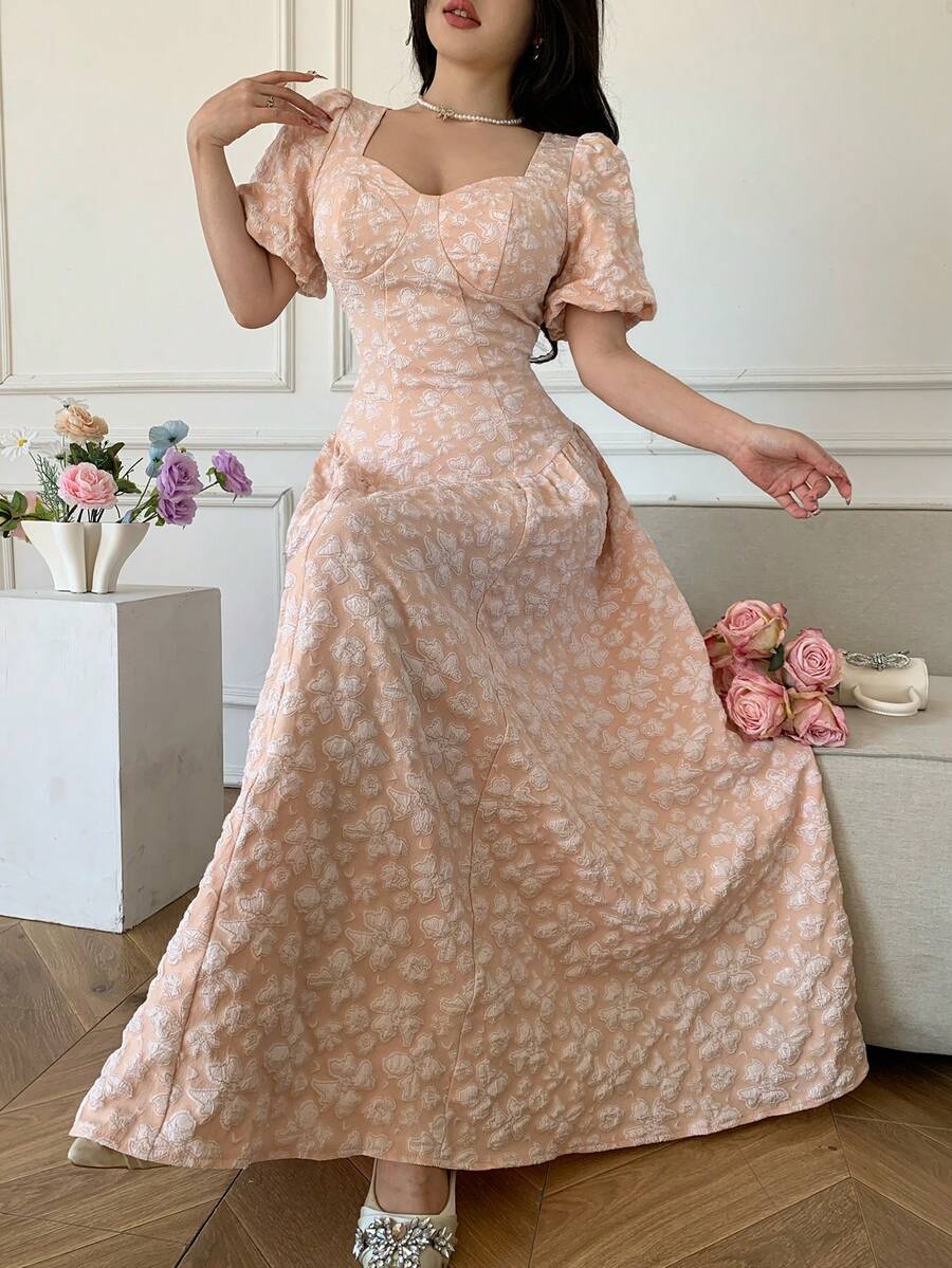 Celisse Champagne Jacquard Puff Sleeve Wrap Tie Waist Princess Dress, Elegant Vintage Palace Style Formal Dress - Dusty Pink - View 1