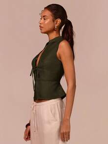 COSMINA 女士优雅深V领系带腰身贝壳纽扣装饰吊带背心，通勤、度假、约会、波西米亚风、办公穿着皆宜，春季必备 - 綠色 - 查看 7