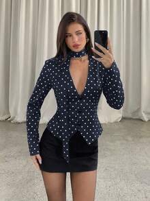 Aloruh 女士撞色波点印花长袖西装外套 - 藏蓝色 - 查看 4