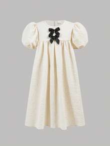 Firerie Kids Tween Girl Elegant Commuter Champagne Jacquard Cute Puff Sleeve Round Neck Black Bow Tie Babydoll A-Line Dress, Spring/Summer - Champagne - View 7
