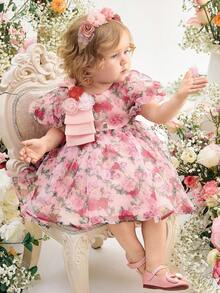 女宝宝优雅可爱碎花薄纱公主裙 - 粉色 - 查看 3