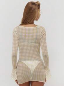 Musera Resort 印花格纹高领长袖迷你连衣裙 夏季泳装 海滩度假 日常性感可爱 旅行 Bambola - 淡黃色 - 查看 4