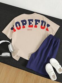 SHEIN 2pcs/Set Kids/Tween Boys Casual Versatile Comfortable Street Style Letter Print Loose Fit Round Neck Short Sleeve Knit T-Shirt And Shorts Set, Suitable For School, Garden, Beach, Birthday, Spring, Summer, Fall, Winter - Multicolor - View 2