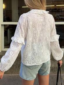 Livesso Ruffled White Hollow-Out Casual Loose Blouse For Women, Spring/Vacation - White - View 2