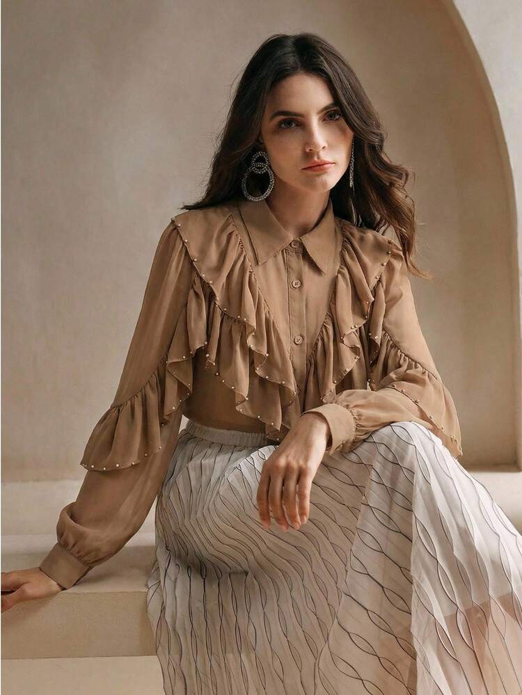 Women's Elegant Luxury Rhinestone Ruffle Trim Blouse