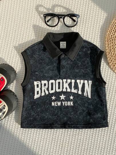 SHEIN 婴儿/男婴休闲时尚黑色扎染无袖针织polo衫，婴儿短袖上衣