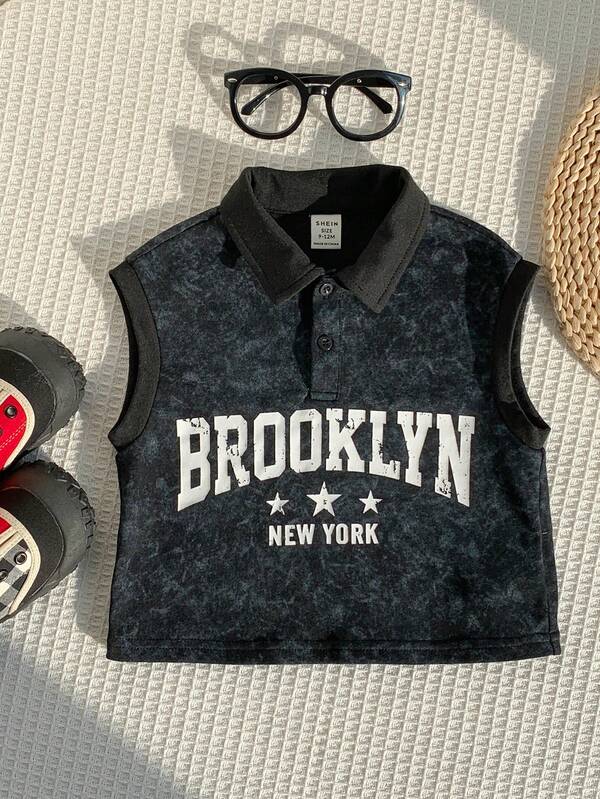 SHEIN 婴儿/男婴休闲时尚黑色扎染无袖针织polo衫，婴儿短袖上衣