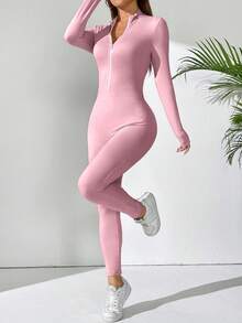 SHEIN PETITE Women's Solid Color Long Sleeve Zip-Up Stand Collar Jumpsuit - Baby Pink - View 3