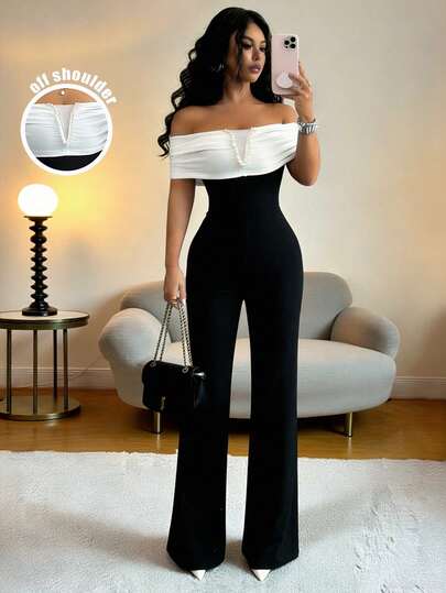 Rafferiza Women's Elegant And Sexy Black-And-White Contrast Off-The-Shoulder Slim-Fit Jumpsuit With A Fitted Waist,Suitable For Daily Wear/Business Attire/Commute Outfit/Relaxing Vacation/Dinner/Valentine's Day