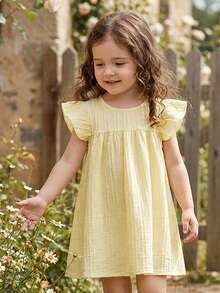 SHEIN Vintaside Kids 女嬰幼兒/新生兒 0-3 歲休閒可愛甜美荷葉袖洋裝，適合春夏季日常穿著 - 粉色 - 查看 5