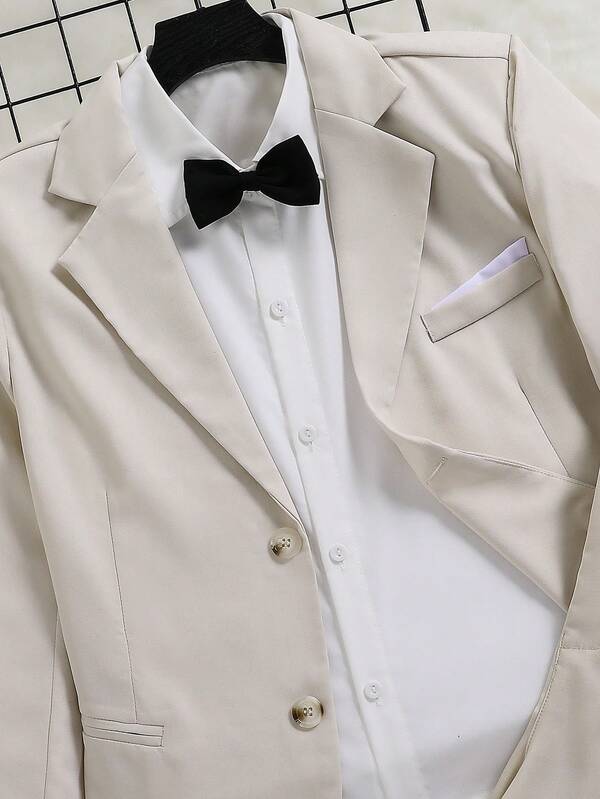 2pcs/Set Teen Boy Gentleman Suit, Includes Beige Single-Breasted Blazer Jacket + Beige Textured Shorts, Elegant High-End Formal Outfit Suitable For Birthday Party, Gala, Performance, Hosting, Wedding Season Boy Formal Set Boys Graduation Suit