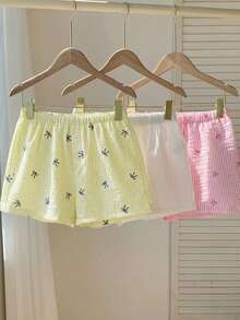 Comfortcana 3pcs Women Elastic Waist Button Design Casual Loose Shorts Set - Multicolor - View 3