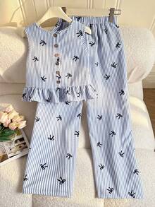 SHEIN Tween Girls Vacation Casual Woven Blue Bow Print Striped Cami Top & Wide Leg Pants Set,Bule Striped Vest Two Pieces Set - Blue - View 3
