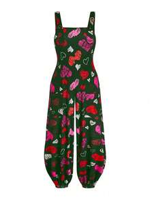 Sweetra Plus Size Women Heart Print Wide Leg Drawstring Jumpsuit - Army Green - View 1