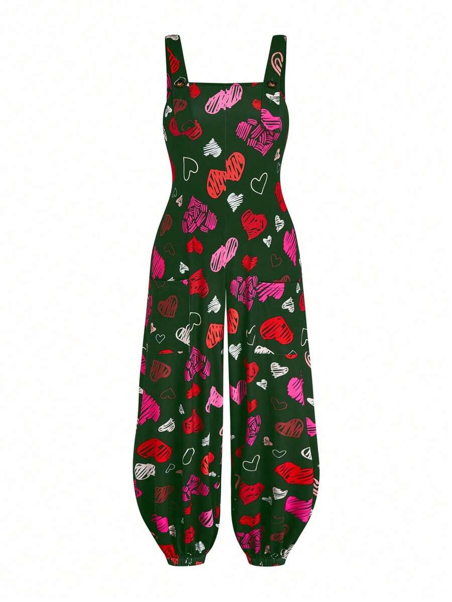 Sweetra Plus Size Women Heart Print Wide Leg Drawstring Jumpsuit - Army Green - View 1